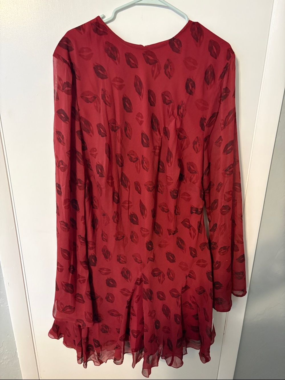 ASOS Curve Red Kiss-Print Long Sleeve Ruffle-Hem Dress